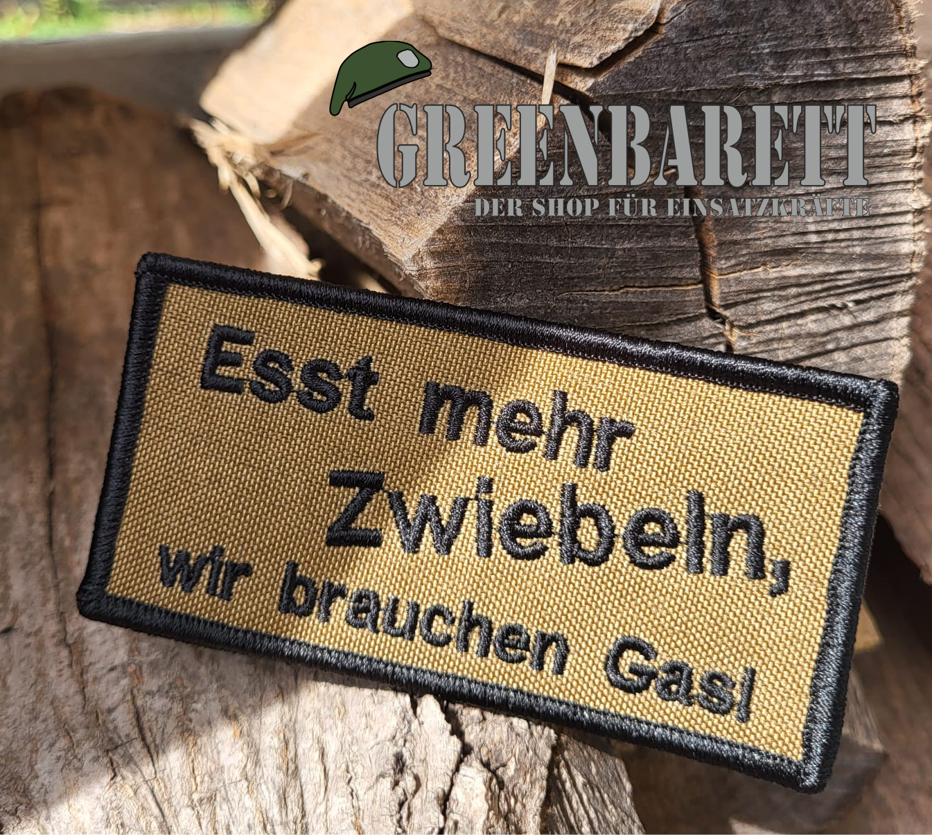 Gestickter Patch " Esst mehr Zwiebeln, wir brauchen Gas"